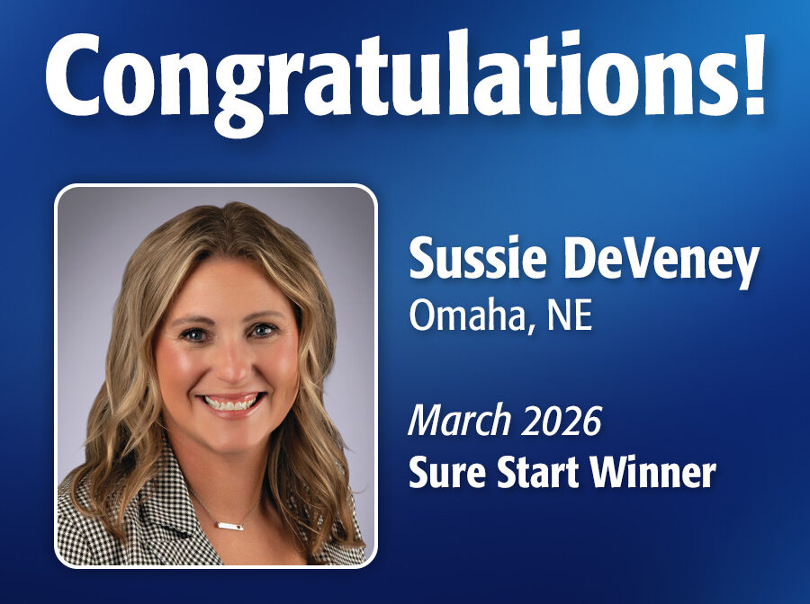 Image includes the text "Congratulations! Sussie DeVeney, Omaha, NE, March 2026 Sure Start Winner." Image includes Sussie's professional headshot and has a dark blue, textured background.