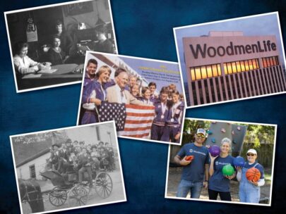 Image is a compilation of several snapshots from WoodmenLife's history. Among them: black-and-white photos from the late-1800s, a group of people holding a U.S. flag, the WoodmenLife tower, and a group of people volunteering in their community.