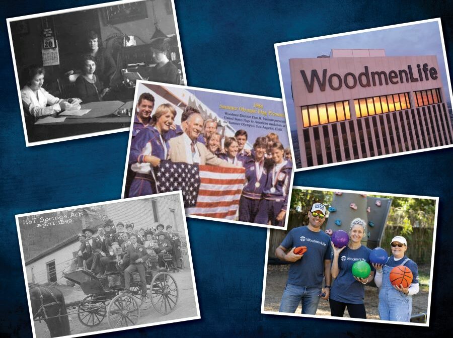 Image is a compilation of several snapshots from WoodmenLife's history. Among them: black-and-white photos from the late-1800s, a group of people holding a U.S. flag, the WoodmenLife tower, and a group of people volunteering in their community.