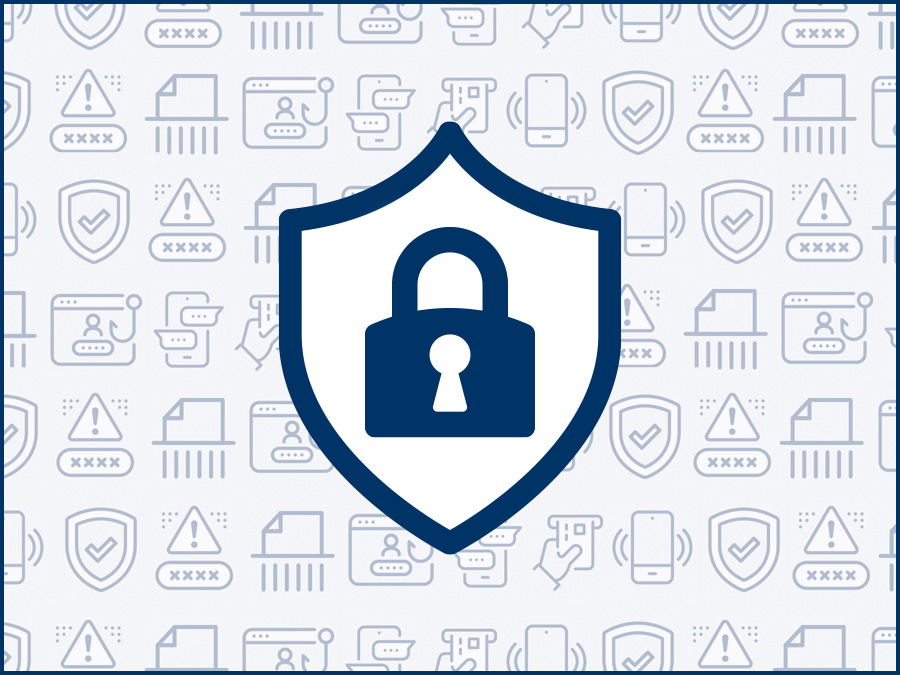 This graphic features a shield shape with a padlock in the center. In the background are smaller, more subtle icons representing ways people can be secure online, including a hand with a credit card, a cellphone, and a piece of paper being shredded.